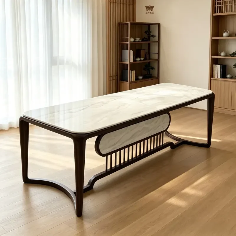 New Chinese Azure Natural Stone Solid Wood Tea Table Mortise Tenon Office Desk Luxury Furniture 2026