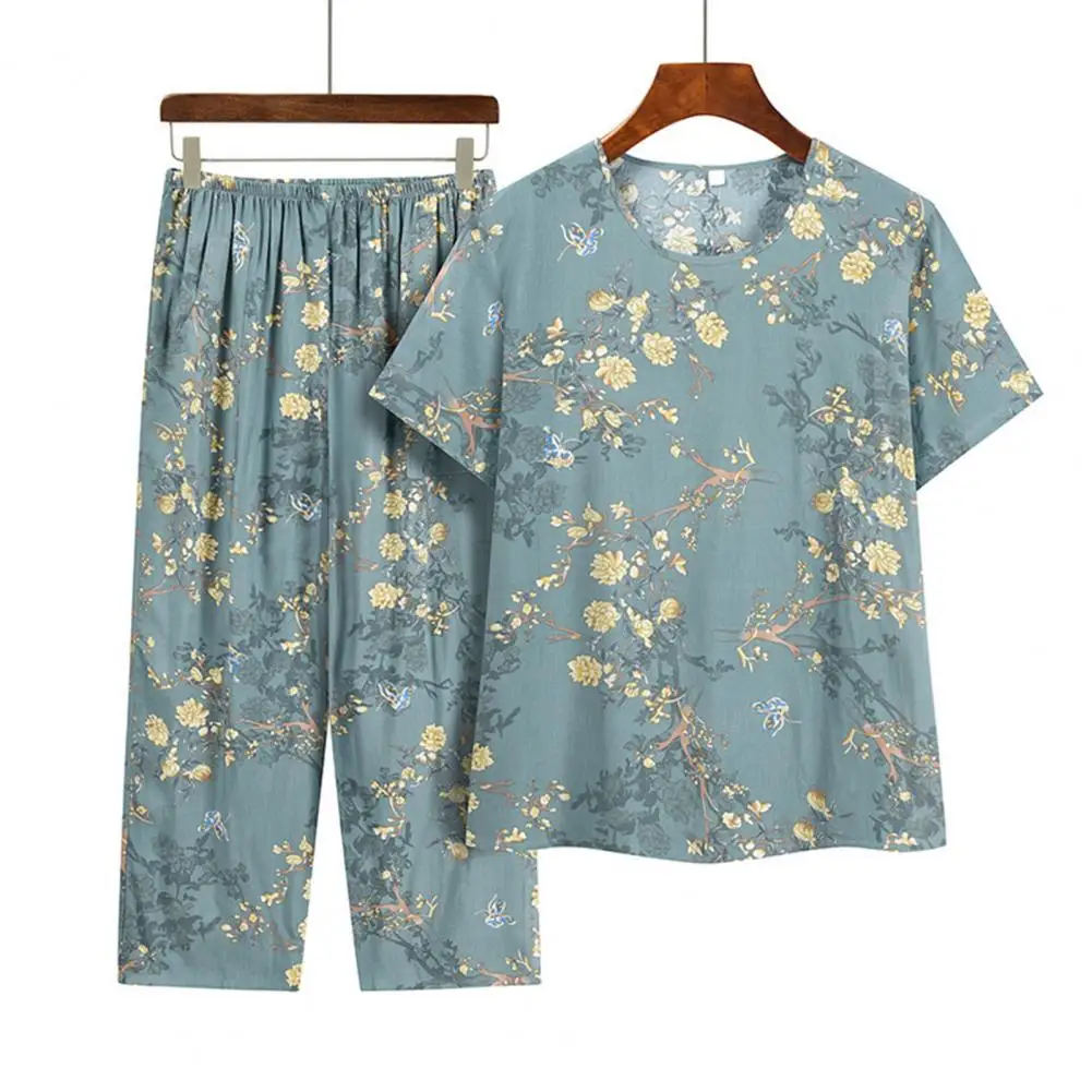 2Pcs/Set Women Pajamas Set Floral Print Elastic Waist Wide Leg Trousers T-shirt Pants Set Mid-aged Grandmother Homewear Set