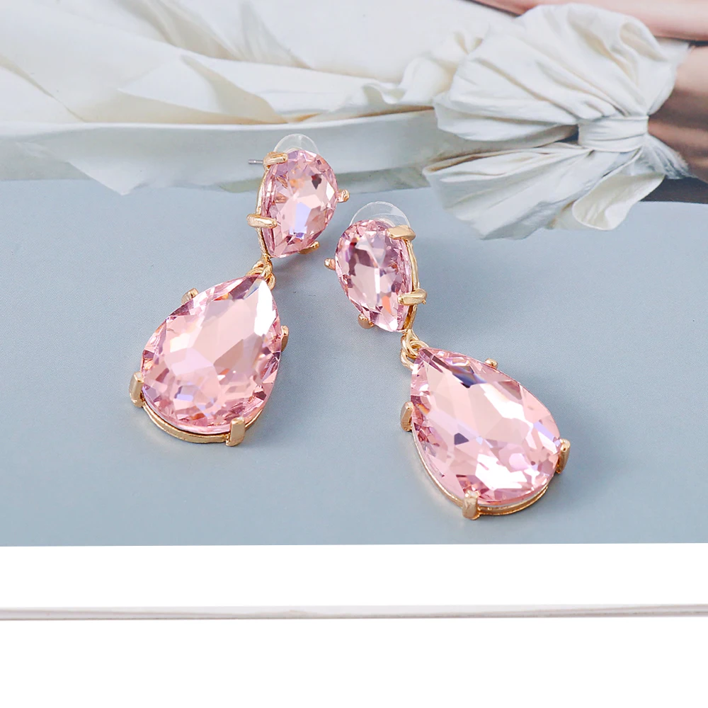 New Pink Rhinestone Waterdrop Dangle Earrings Female Crystal Tear Drop Earring for Women Christmas Jewelry Trend Gift