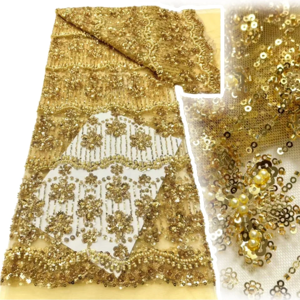 

Золотая африканская кружевная ткань для жениха, 2021, высокое качество, вышитая блестками, нигерийская французская кружевная ткань для свадебного платья TP1526