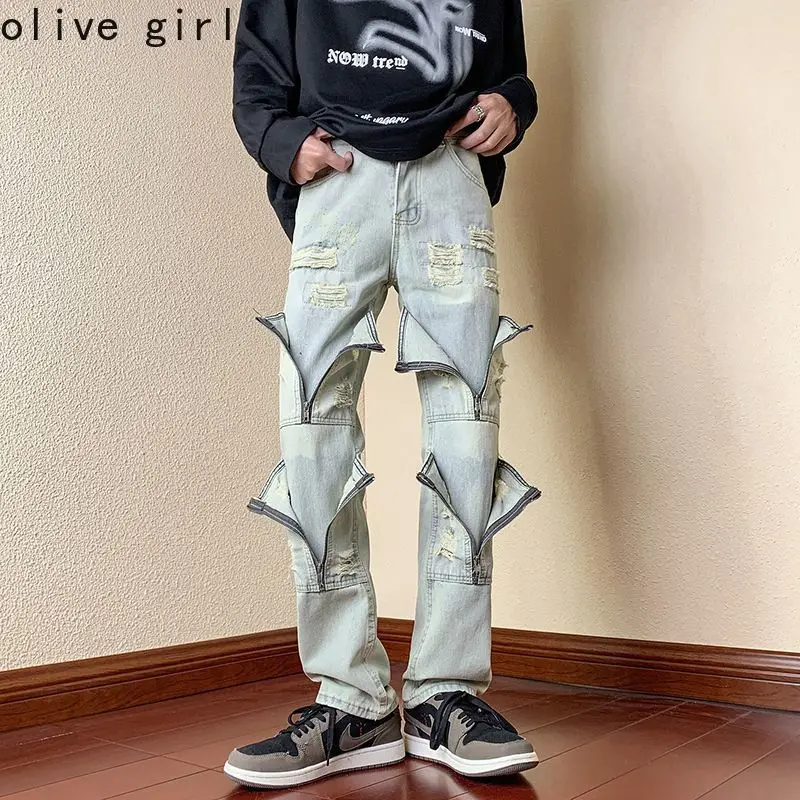 American Vibe Pants Niche Design Micro Flared Ripped Jeans That Look Taller and Slimmer Zippered Straight Leg Work Pants