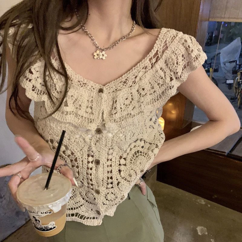 2026 Summer Trend Korean Flowing Shoulder Open Cardigan V Hook Hollow out Breathable High End Versatile Women's Vest Top