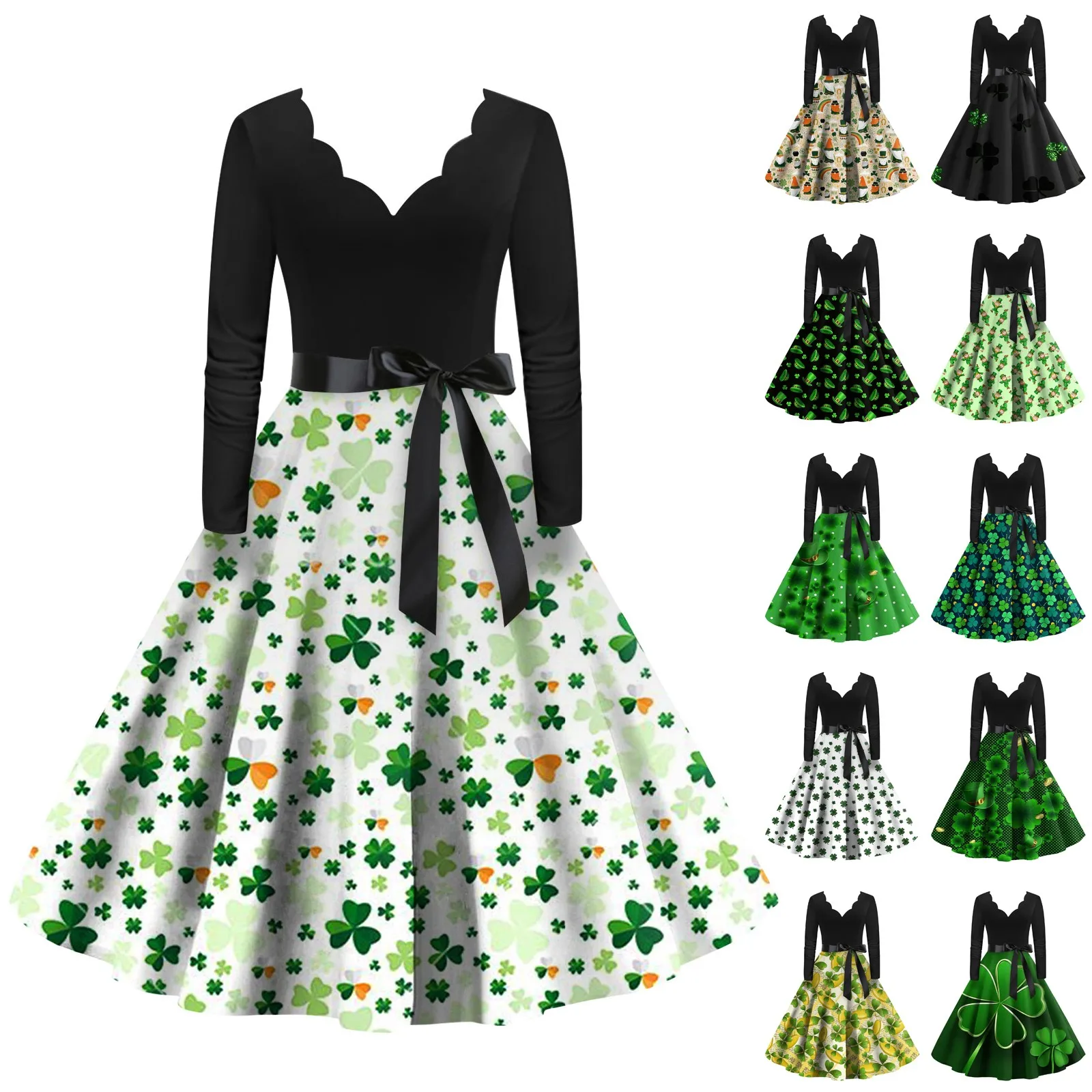 Women Dress Clovers Print Spring Dress Black Long Sleeve Vintage St. Patrick's Day Party Rockabilly Dress Robe Femme Vestidos