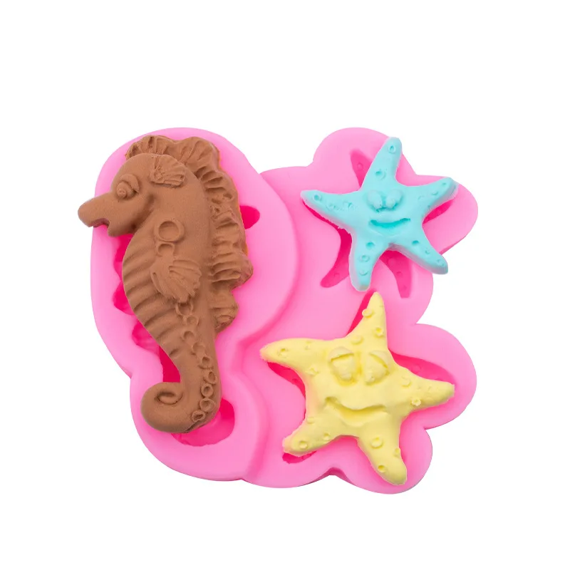 Ocean Series Seahorse Starfish Pattern Fondant Cake Silicone Mould Brickearth Epoxy Chocolate Molds 15-356