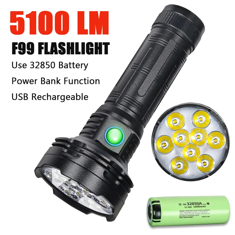 

F99 High Powerful LED Flashlight USB Rechargeable 5100LM Bright Torch with 32850 Battery Outdoor Waterproof Emergency Lantern