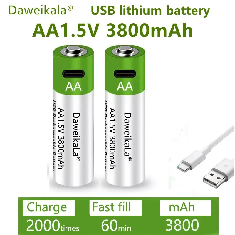 New2024 USB AA Rechargeable Batteries 1.5V 3800 MAh Li-ion Battery for Remote Control MouseElectric Toy Battery + Type-C Cable