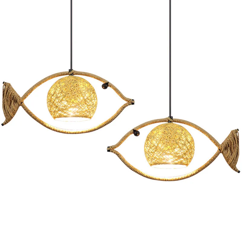 Japanese Wicker Fish Shape Pendant Light Hemp Rope Creative Hanging Lamp for Restaurant Bar Home