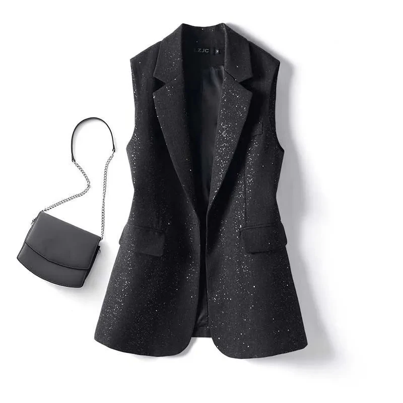 2026 New Fashion Sequined Suit Vest Women's  Autumn Joker Temperament Sleeveless Blazer Waistcoat Coat Female Jacket Tops