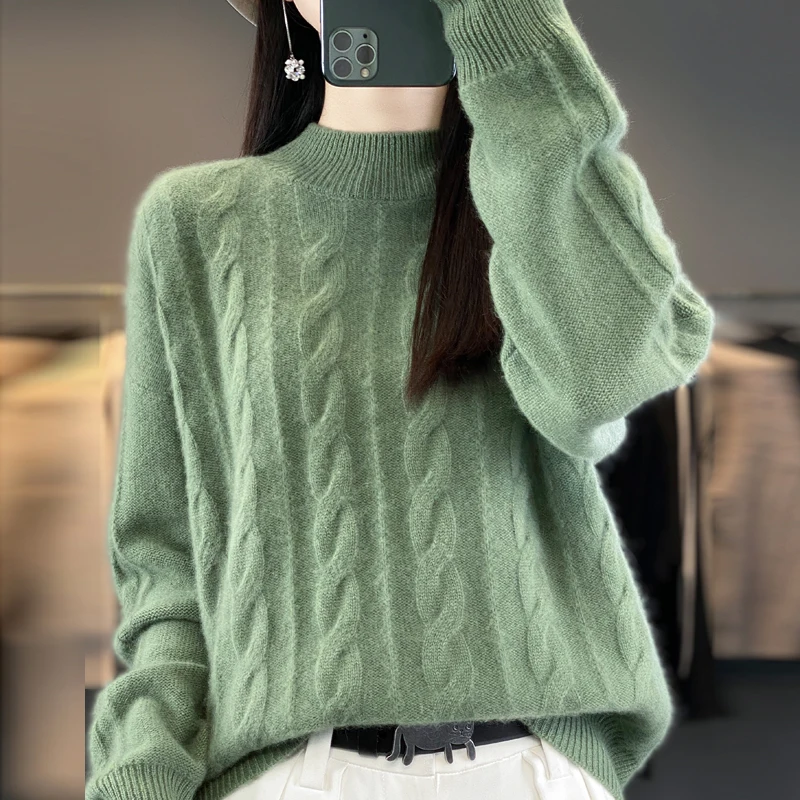 Fall/Winter 2023 New 100% Merino Wool Women\'s Semi-high Neck Solid Color Long Sleeve Sweater Knitted Pullover Leisure