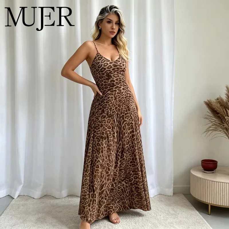 MUJER Leopardenmuster Tüllkleid Damen Sommer Slip Langes Kleid für Frauen Sexy Rückenfreies Maxikleid Damen Trägerkleid mit Netzstoff