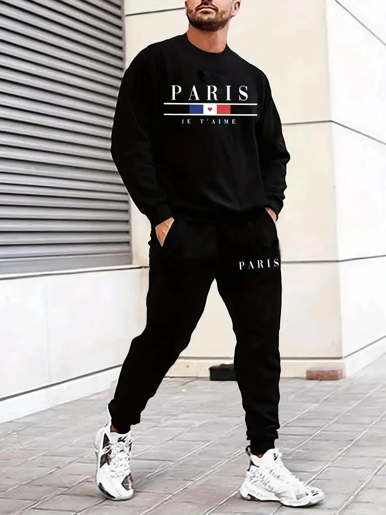 

2025 New men's sportswear Paris round neck long sleeve 3D printing + sweatpants simple design fashion brand clothing 2-piece set