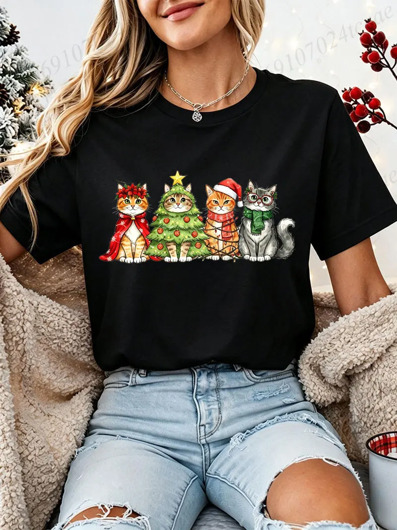Cute Christmas Cats Graphic T‑Shirt Women Xmas Santa Cat Print Tee Tshirts Casual Holiday Gift Tops