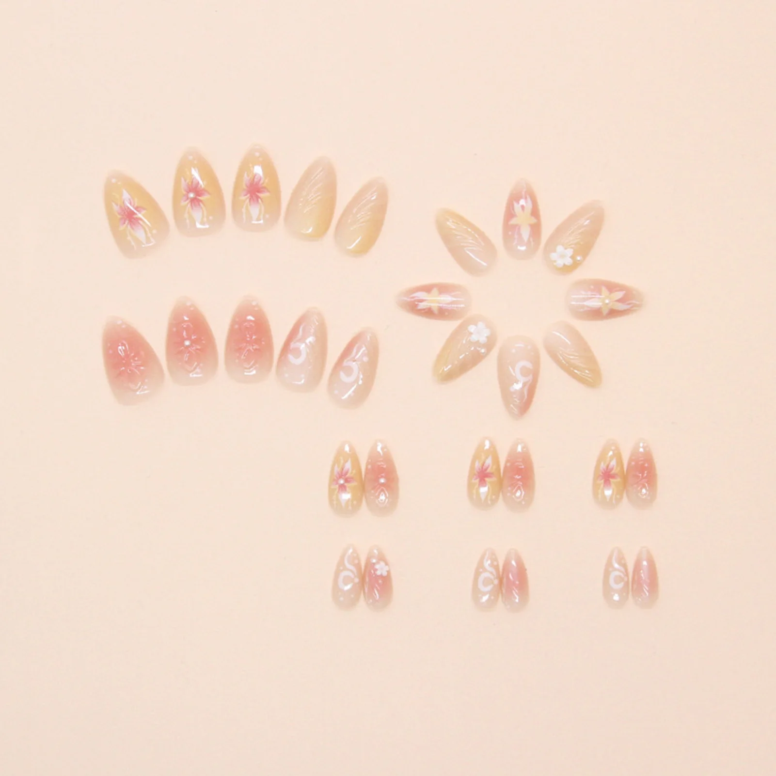 3D Floral Almond Press on Nails Fairy Pearl Flower Charming Fake Nails for Finger Decoration Home Nail DIY