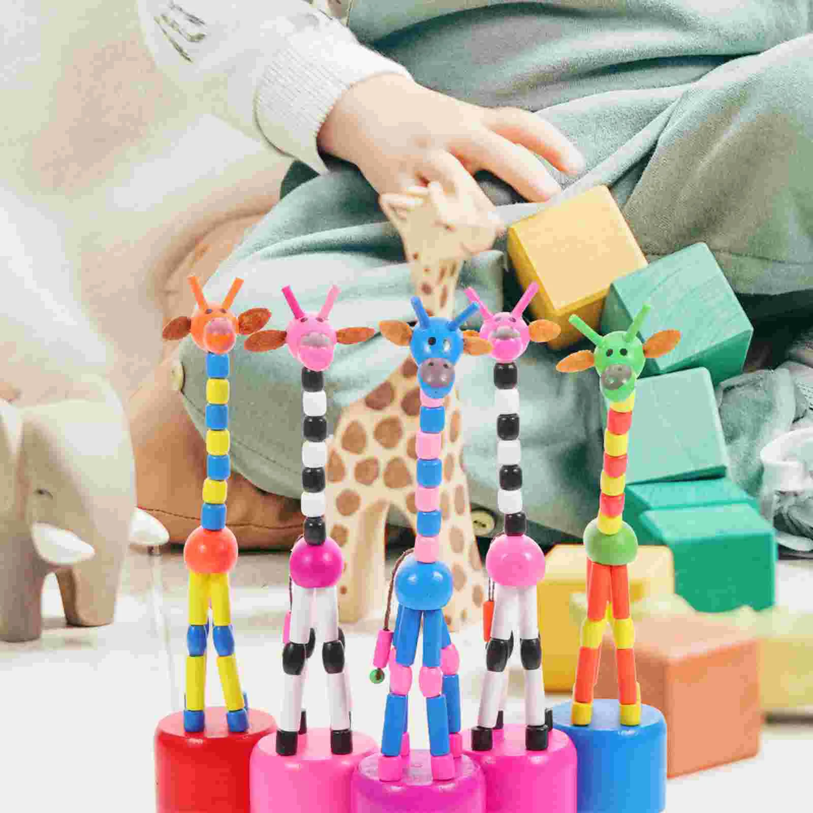 5 Pcs Giraffe Puppets Push Toys for Kids Infant Lift The Thread Figurine Wooden Baby