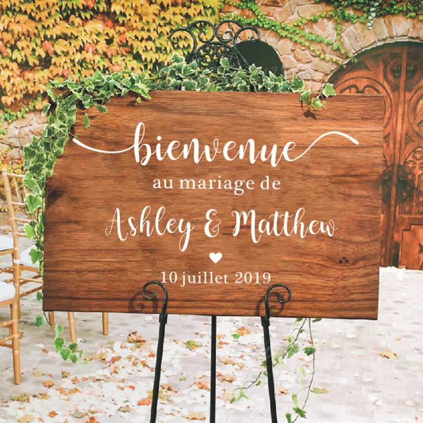 French Romantic Wedding Sticker Decortive Mirror Wedding Welcome Vinyl Wall Stickers Custom Names And Date Wall Decal Mariage