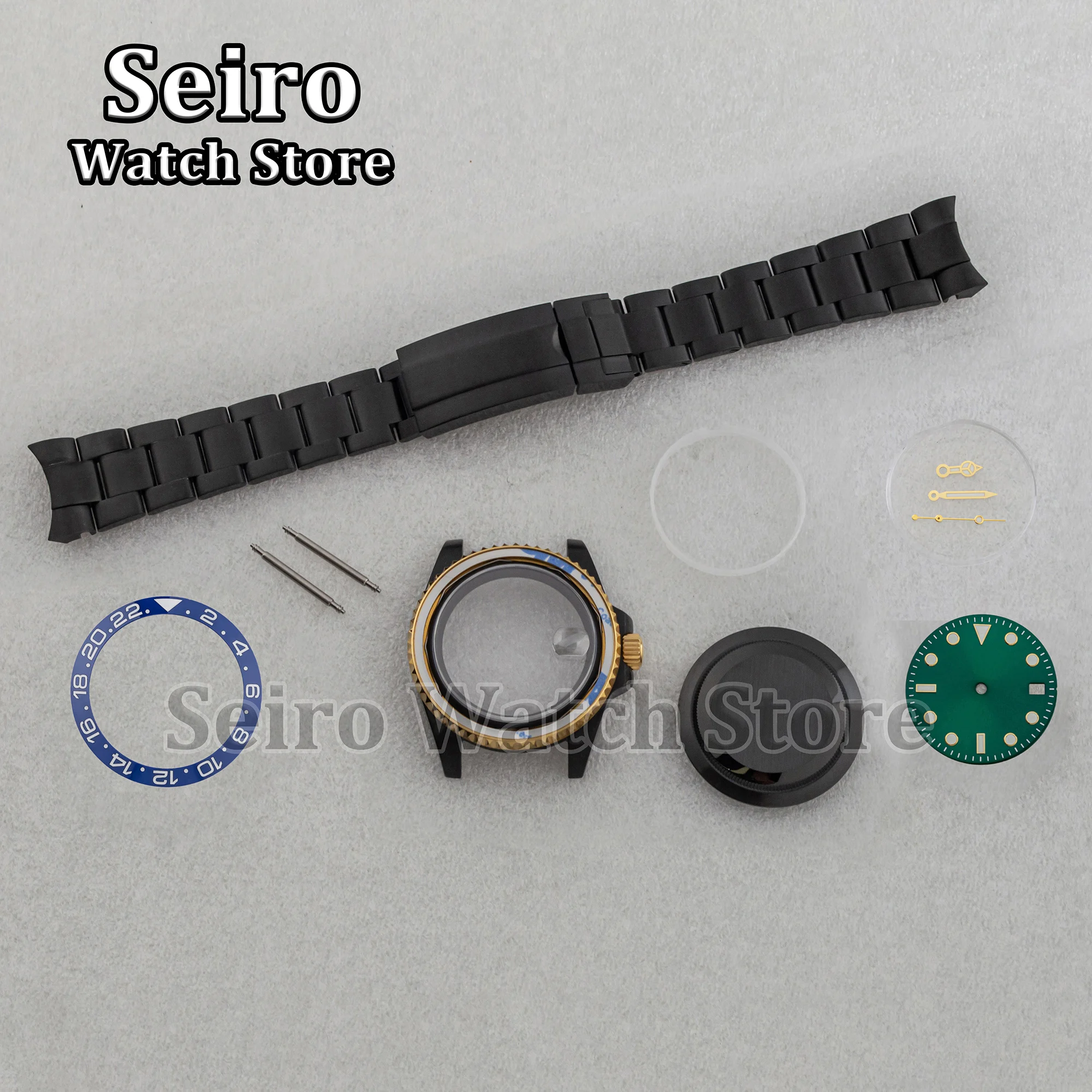 Stainless Steel 40MM Black Gold Watch Case Oyster Strap Green Dial Luminous Hands for SUB GMT Yacht NH35 NH34 NH36 Movement