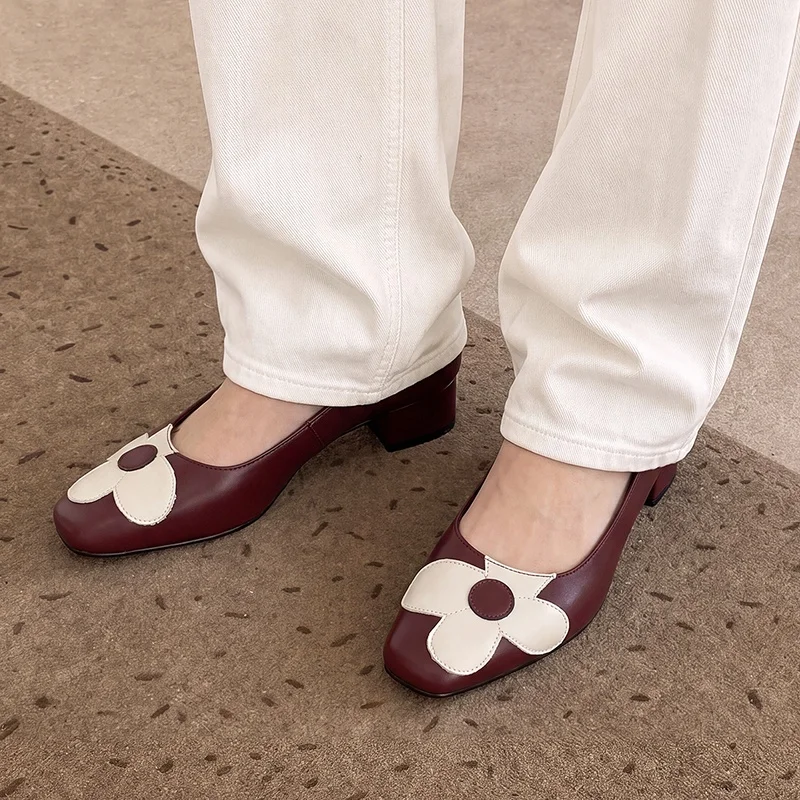 MKKHOU Fashion Pumps New High Quality Genuine Leather Shoes Round Head Flower Shallow Mouth High Heels Slip On Women's Shoes