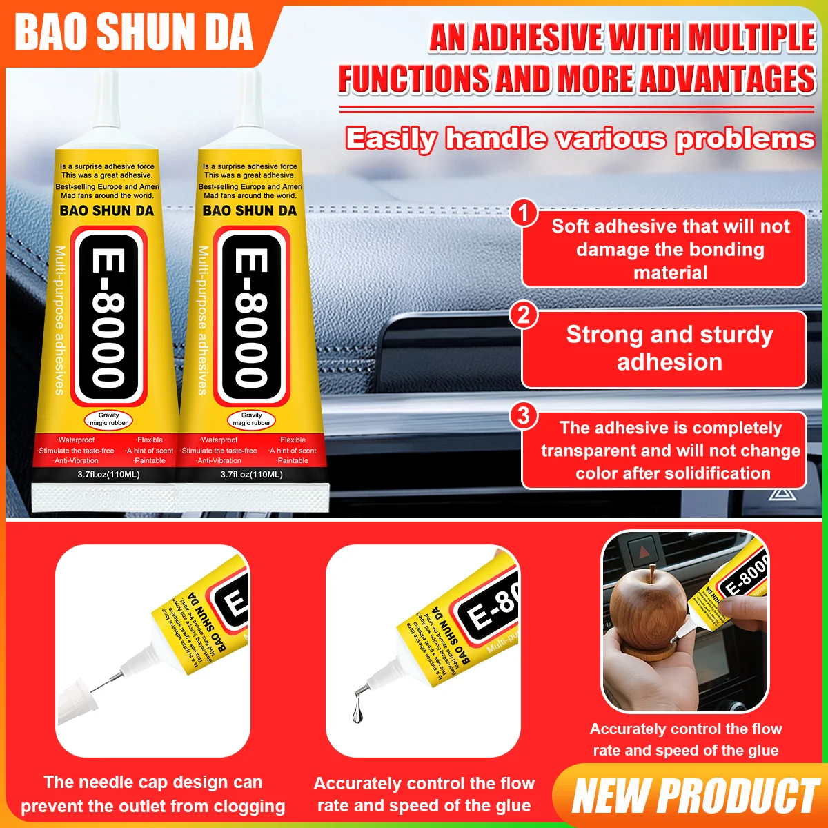 ملصق إصلاح السيارات E8000 شفاف وغير ملحوم، متوافق مع مواد مختلفة مناسب لصق الزجاج، مانع التسرب الداخلي والسيارات البلاستيكي 50 مل 1-3 قطع #3