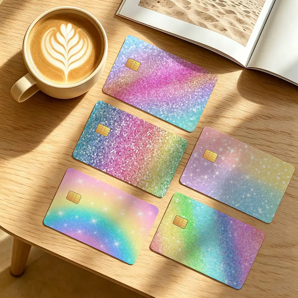 Rainbow Gradient Glitter Credit Card Public Transportation Cards Protective Sticker Waterproof Card Face Decoration 4PCS