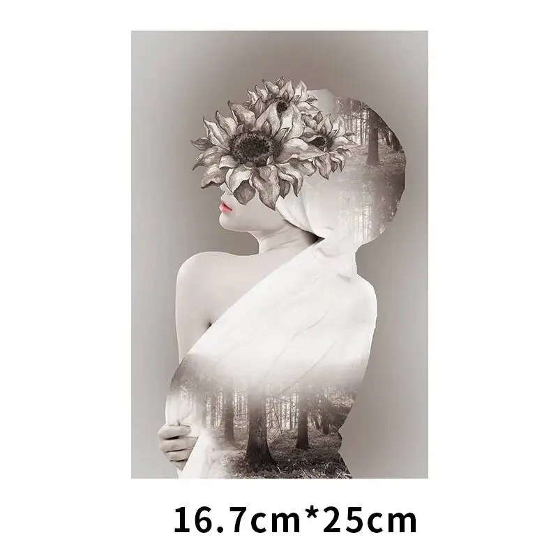 Color Ink Flowers Feather Girl Art Poster Printing DIY T-shirt Sweater Canvas Bag Decoration Iron On Heat Transfer Patch