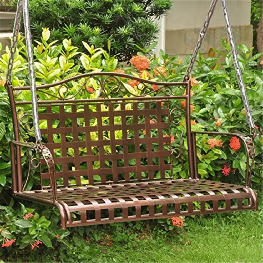 

Classic Outdoor Patio Swing with Iron Scrollwork Lattice and Comfortable Hanging Design