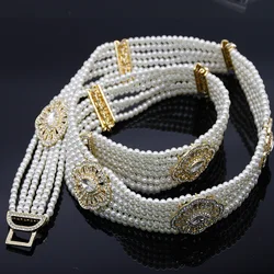 Sunspicems Chic Morocco Belt Hand Pearl Bead Chain For Women Gold Color Arabic Bride Wedding Jewelry Waist Chain Body Jewelry