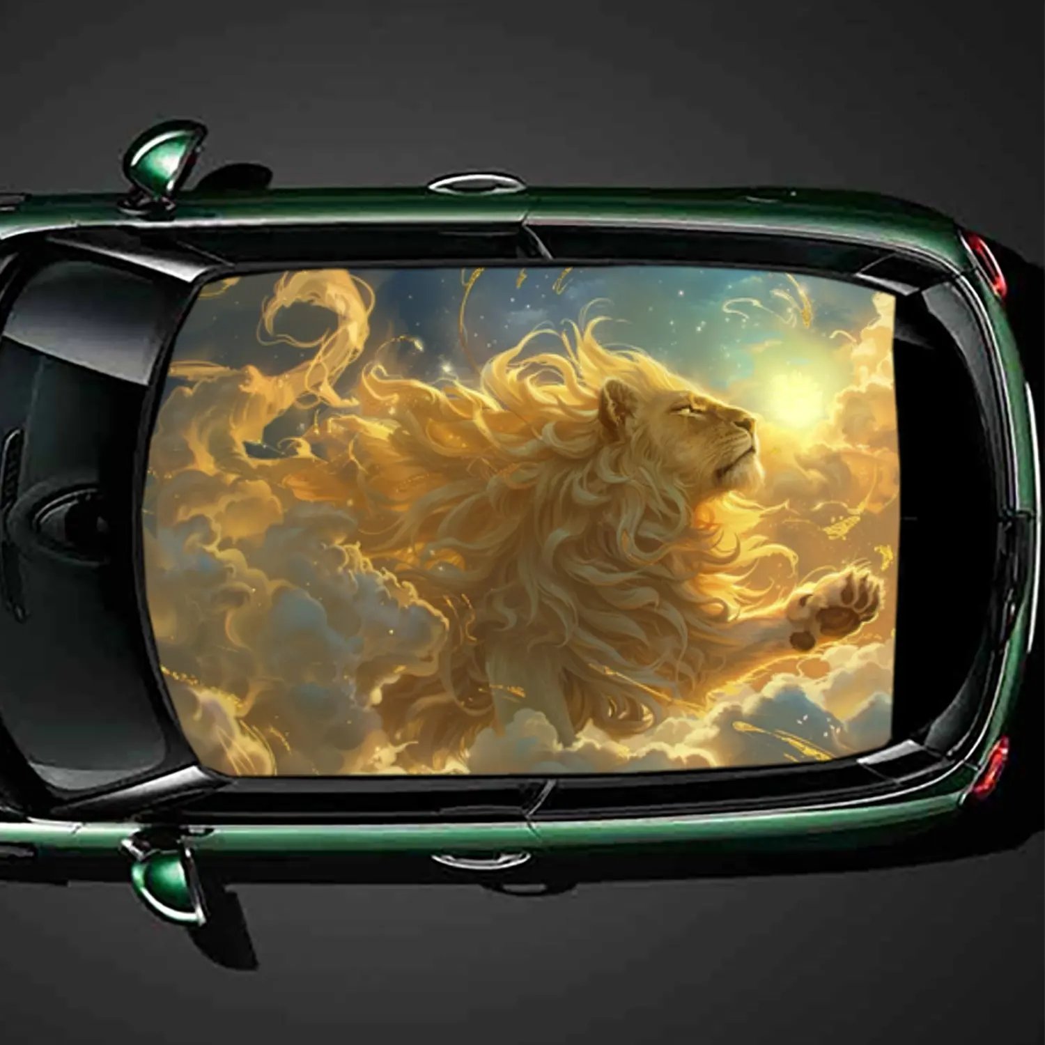 

Golden Lion in Clouds PVC Car Roof Vinyl Wrap, Self-Adhesive Waterproof Automotive Sticker, Anti-Scratch Decorative Film for Sed
