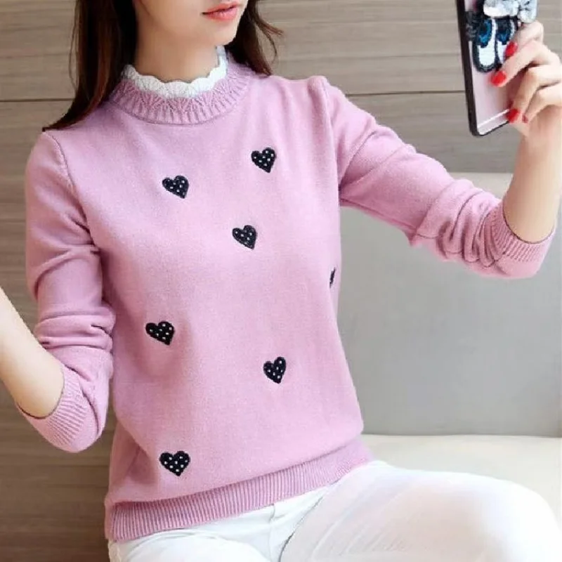 Fleece Lined Loose Women's Sweater Autumn Winter Fashion Inner Wear Base Layer Top Korean Style Embroidered Dyed Hollow out
