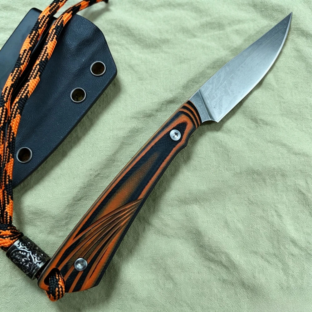 EDC Freezout-Orange & Black G10 Handle with Sheath Knife Lightweight Outdoor Hiking Camping Fishing Straight Knives with Lanyard