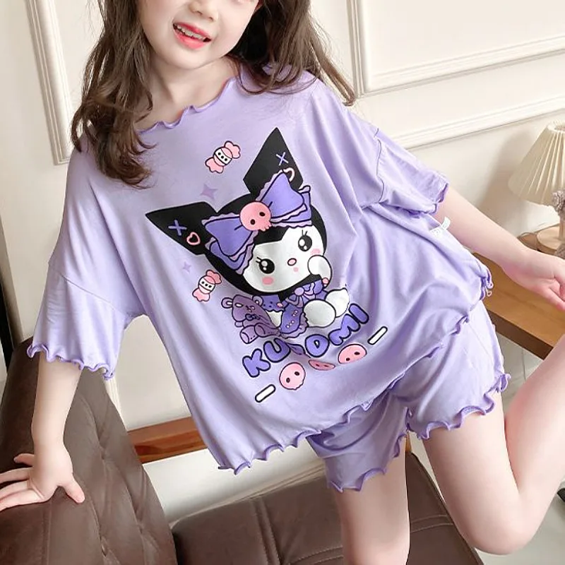 Summer New Short Sleeve T-shirt Sets for Girls Cute Kuromi Cartoon Print Sleepwear Suits 2pcs Disney Children's Shorts Outfits