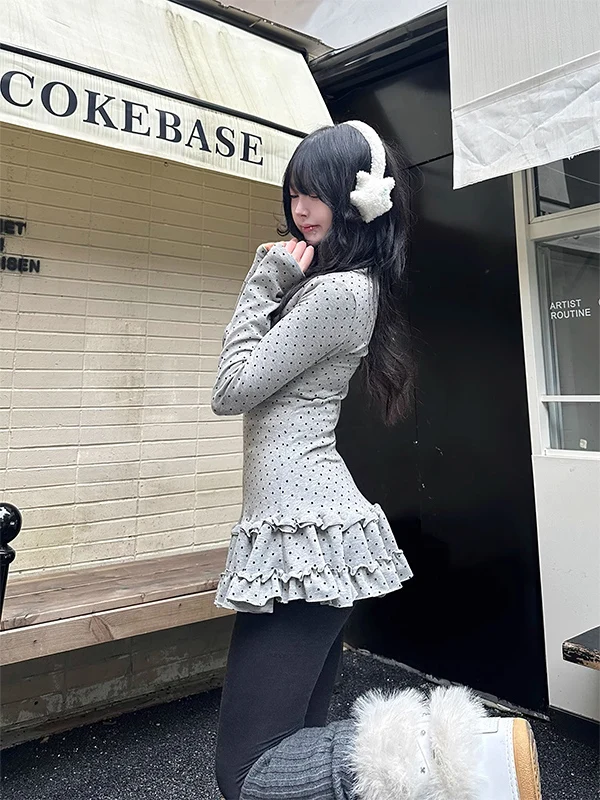 الأمريكية البولكا نقطة تنورة طويلة Sve تي شيرت المرأة الشتاء سليم صالح ميدي طول بعقب تغطي ملابس داخلية قاعدة irt