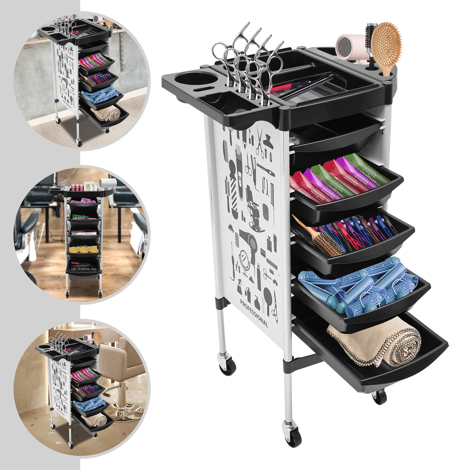 Hairdressing Beauty Salon Cart with 5 Drawers Large Capacity Trolley Multifunctional Platform Wheels Flexible Movement