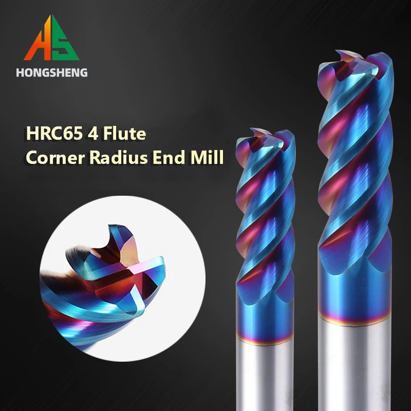 Solid Carbide Corner Radius End Mills HRC65 4 Flutes Nano Blue Coating CNC Tools HRC65 Endmills R0.5 R1~8 Surface Machining