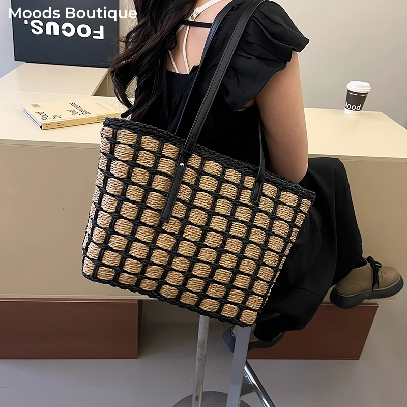

Straw Woven Design Big Tote Bags For Women 2025 Summer Beach Shoulder Shopper Bag Plaid Contrast Color Large Capacity Handbags