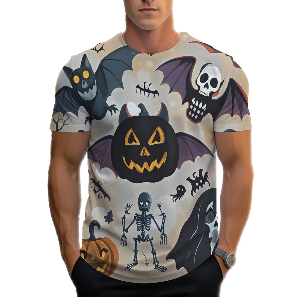 Halloween Skeleton T-Shirts, Bats, Mists, Pumpkins, tombstones, ghosts, Casual Short Sleeves, 3D Full Print, Funny