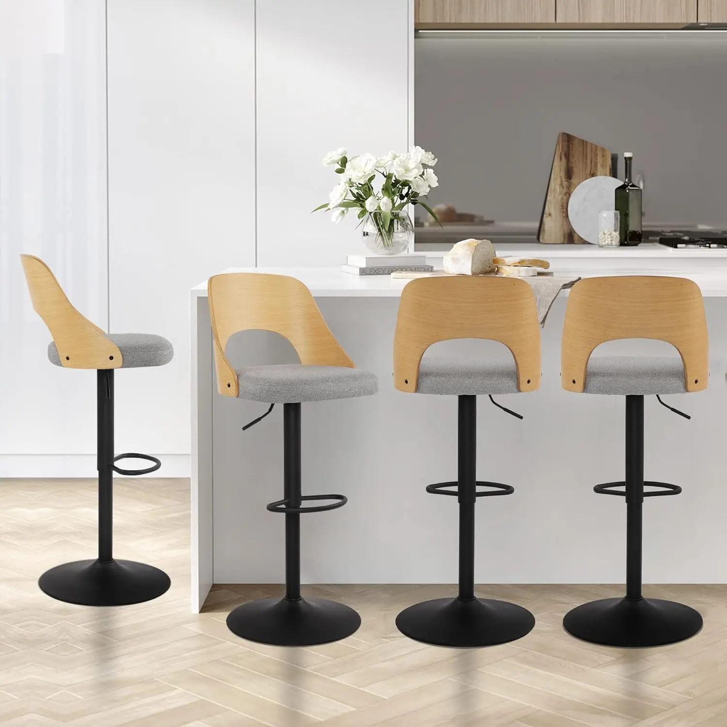 

Поворотные барные стулья, регулируемые из гнутой древесины, современная обивка со спинкой и подставкой для ног, бежевый (4 шт.)