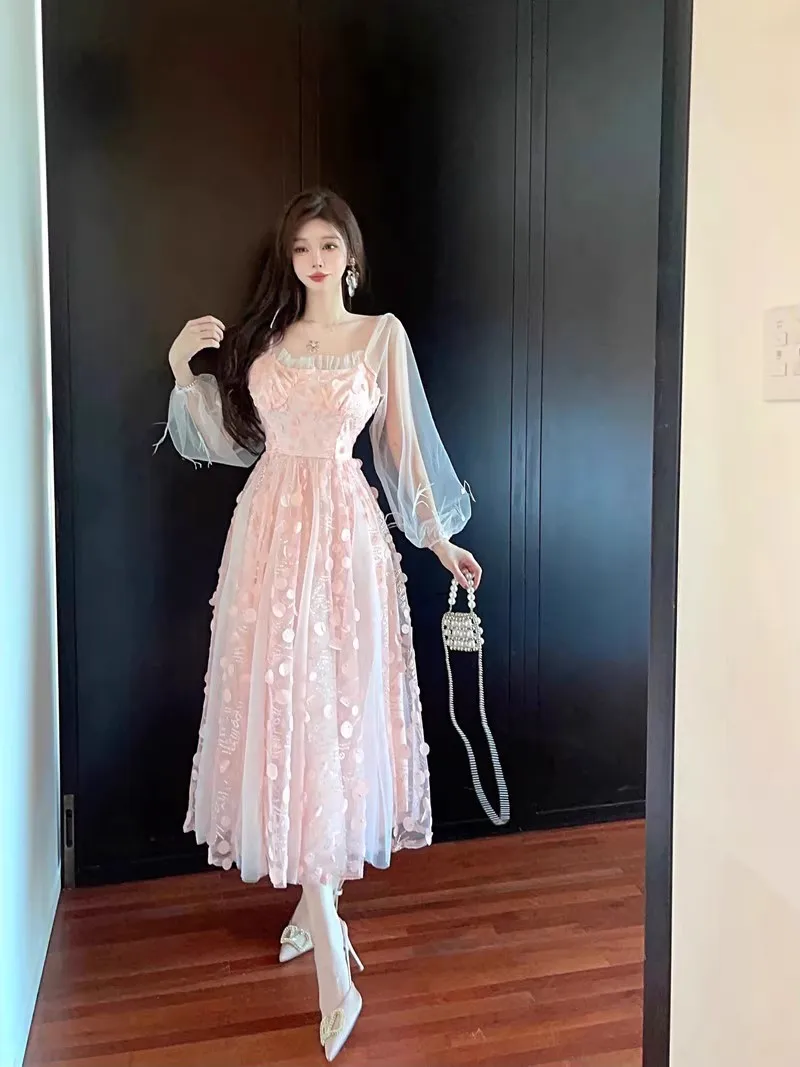 

Vestidos Long Pink Dresses Spring 2024 New Evening Gowns Birthday Party Embroidered Square Neck Lantern Long Sleeve Dresses