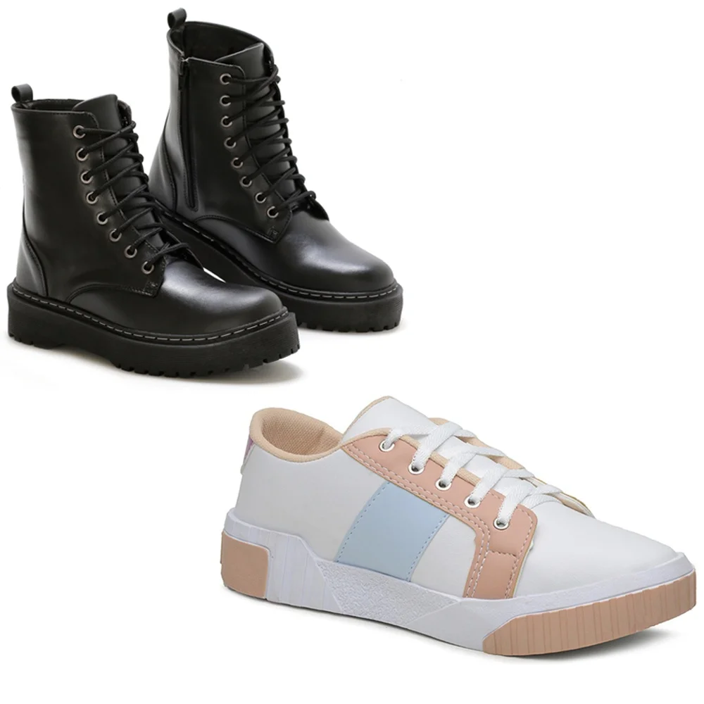 Kit Tênis Sneaker Juliette Feminino Plataforma Casual Branco and Azul and Bota Feminina Plataforma Stiloclub Preto Promoção