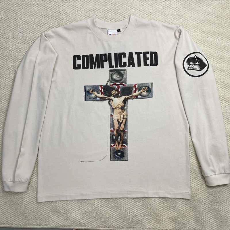 Send Out in One Day SAINT Long Sleeve T-shirt Trend Hip Hop Classic Retro Washed Pattern Printed T Shirts