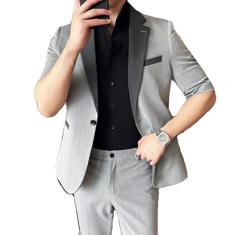 3-A112  Summer thin three-quarter sleeve suit for men Korean style slim fit stigth sleeve suit two-piece suit British styl