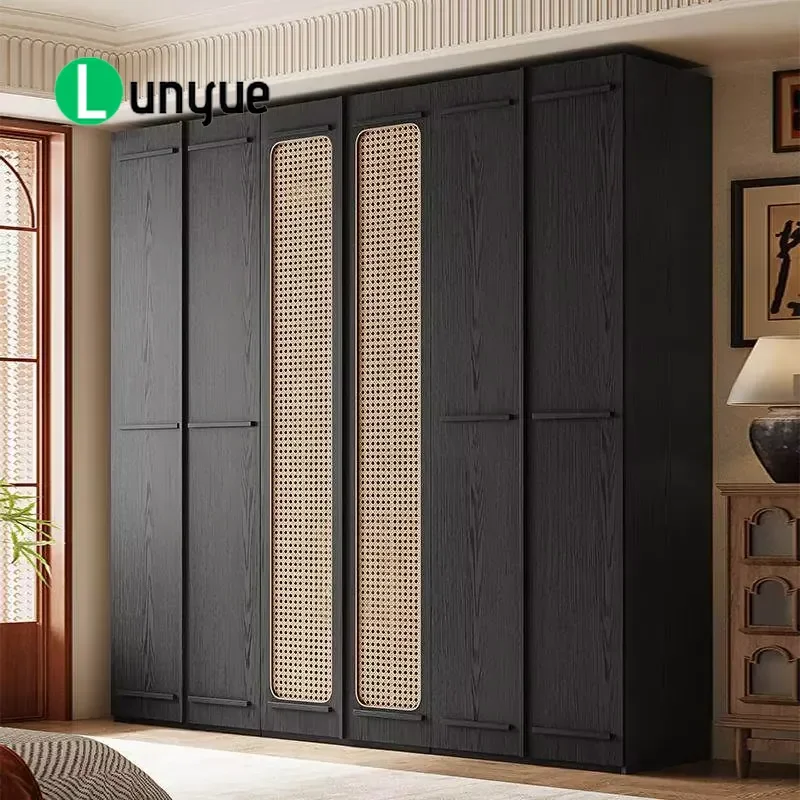 Rattan Double Door Wardrobe Retro Black Skeleton Line Pattern American Classic Style Storage Cabinet for Bedroom Small