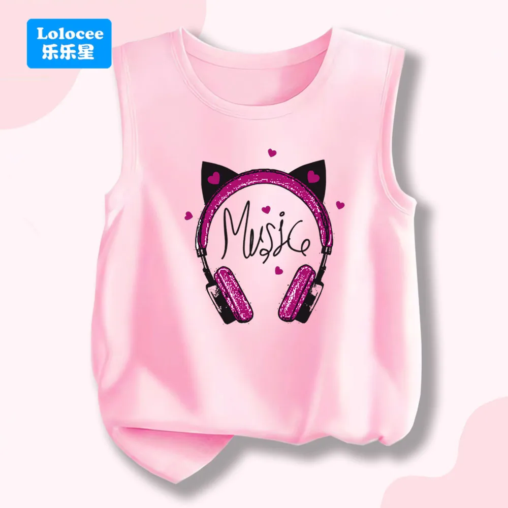 

Cute Cat Ear Headphone Print T-shirt Vest Girls' Graphic Music Lover Tank Top Kids Sleeveless Crew Neck Casual Top EJM1