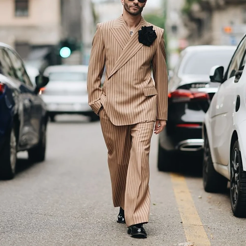 

Business Men's Suits Fashion Striped Outfit Single Button Peak Lapel Jacket Pants Two Piece Set Daily Office Male Clothing