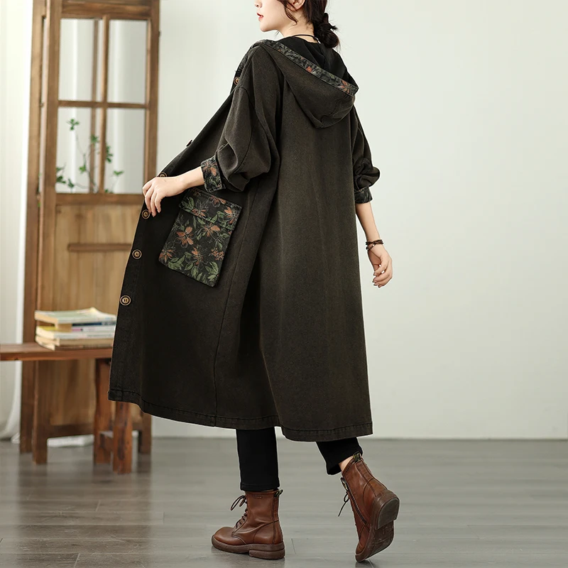 

Loose Fit Autumn Sle V-Ne Single Button Mid-Length Denim Windbreaker Long Coat Casual Commute Cotton Polyester Blend