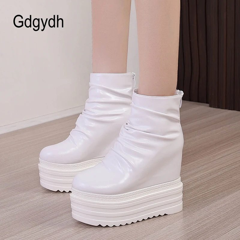 Gdgydh Womens Chelsea Boots Black Creeper Platform Wedge Heel Sponge Cake Muffin Inside Fashion Pleated Short Plush Ankle Boots 