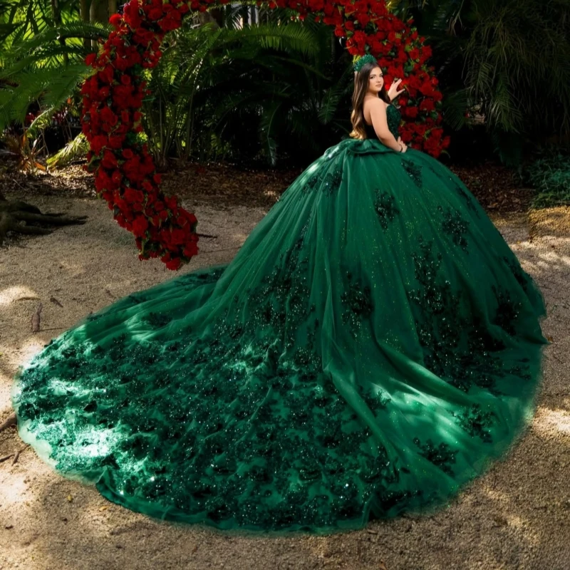 Dark green Glitter Quinceanera Dresses Off Shoulder Ball Gown Sweet 16 Dress Applique Lace Beading Bow Tull Corset Party Birthda