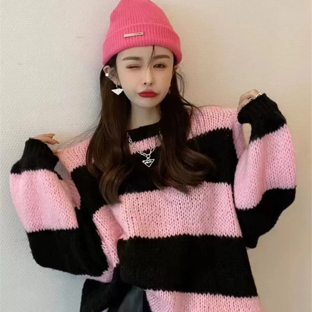 

Autumn Winter Women's Loose Lazy High-End Feeling Faux Mink Knitted Sweater Soft Plu Milk Fufu Striped Top Warm Thiened L...