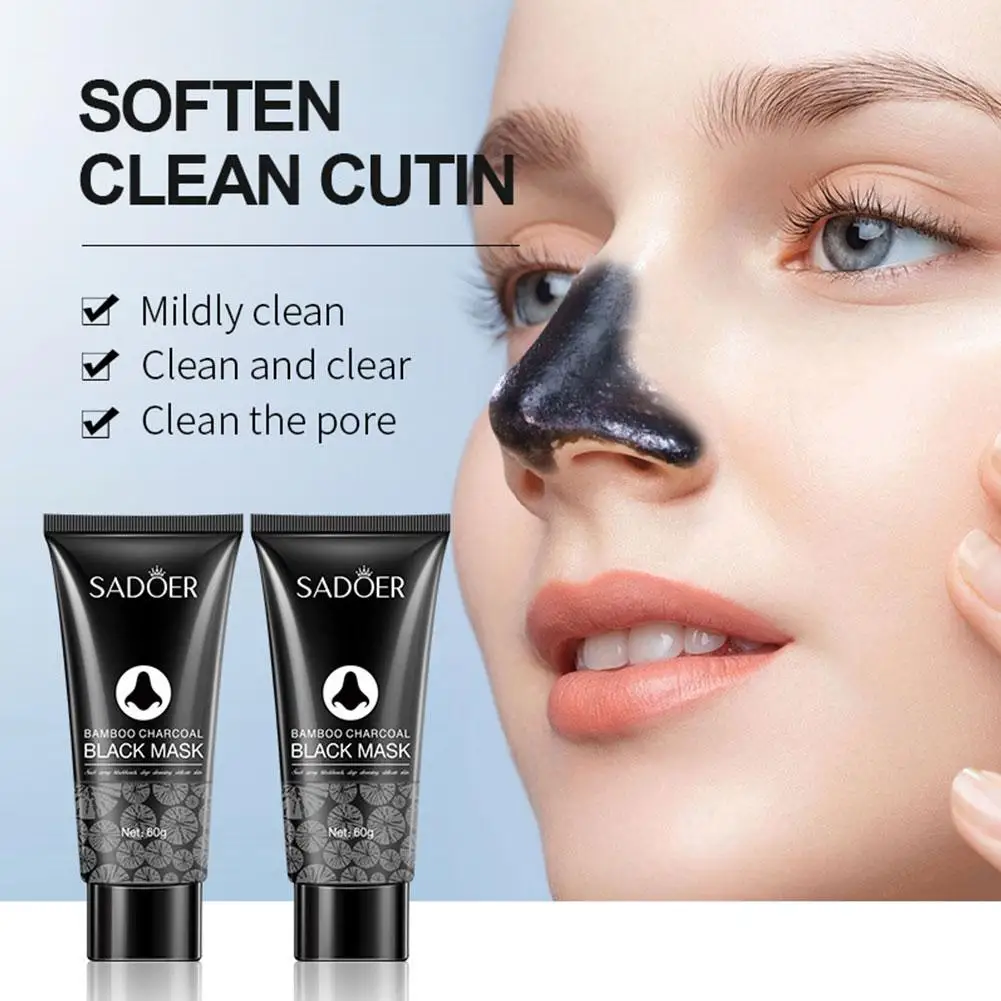 Masker Wajah lumpur hitam karbon bambu 2x60g, pembersihan dalam karbon aktif penghilang komedo penghilang hidung stroberi