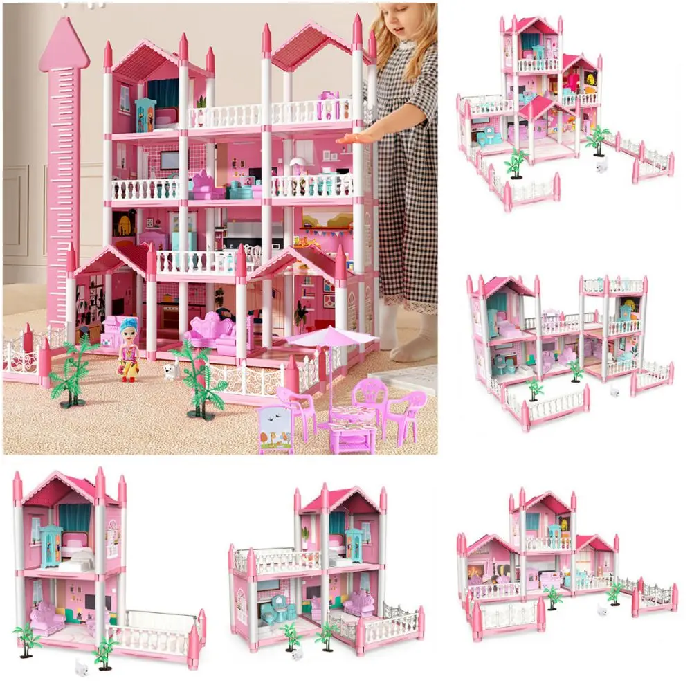 

Pink Doll Houses Variety Size DIY Accessories Assembled Toy House Plastic Developmental Toys Mini Dollhouse Model