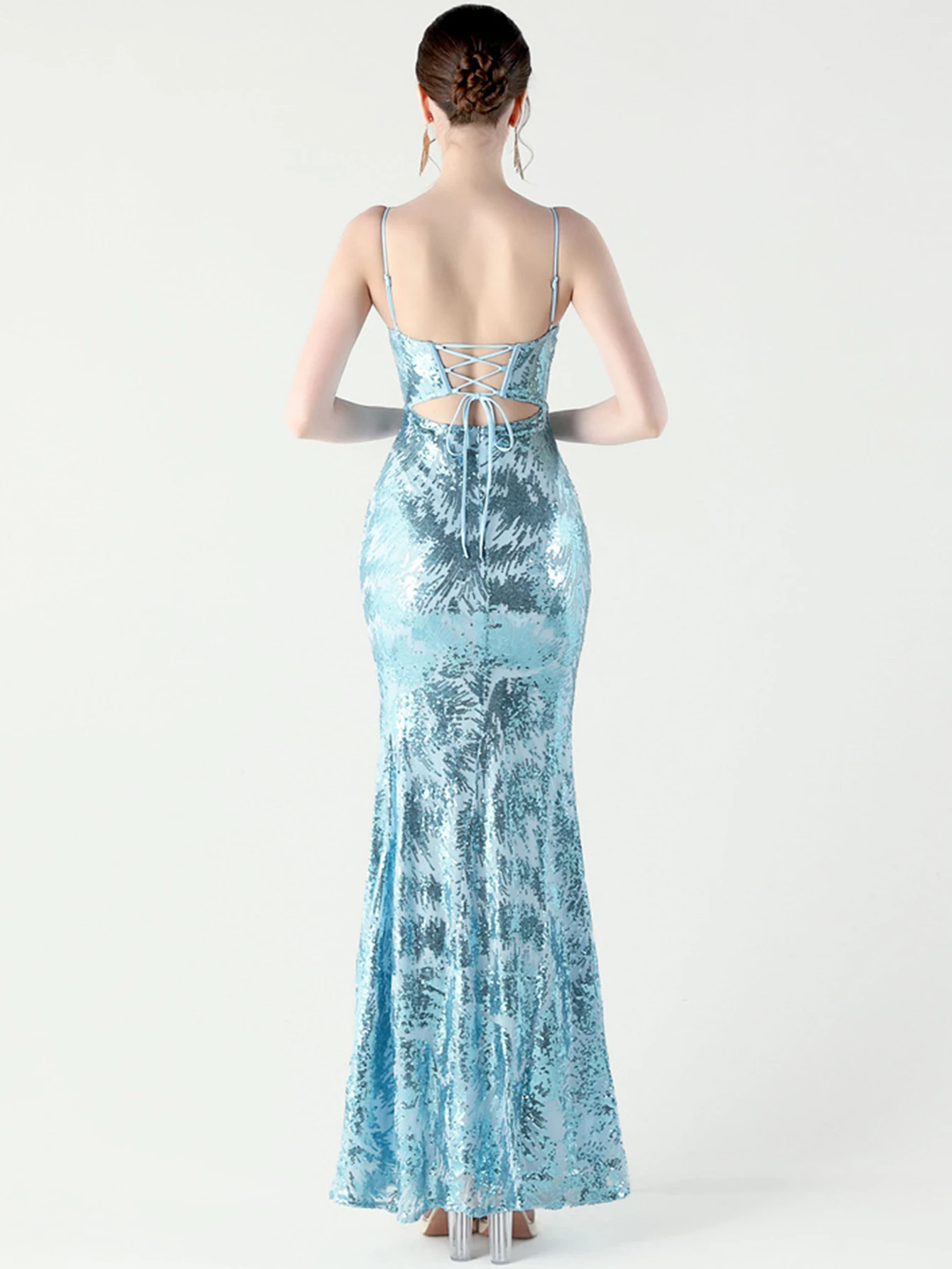 セクシーな背中見せスパンコールマキシ丈スリップサマードレス レディース エレガントな誕生日パーティー ロングドレス 女性用ラグジュアリープロムイブニングドレス